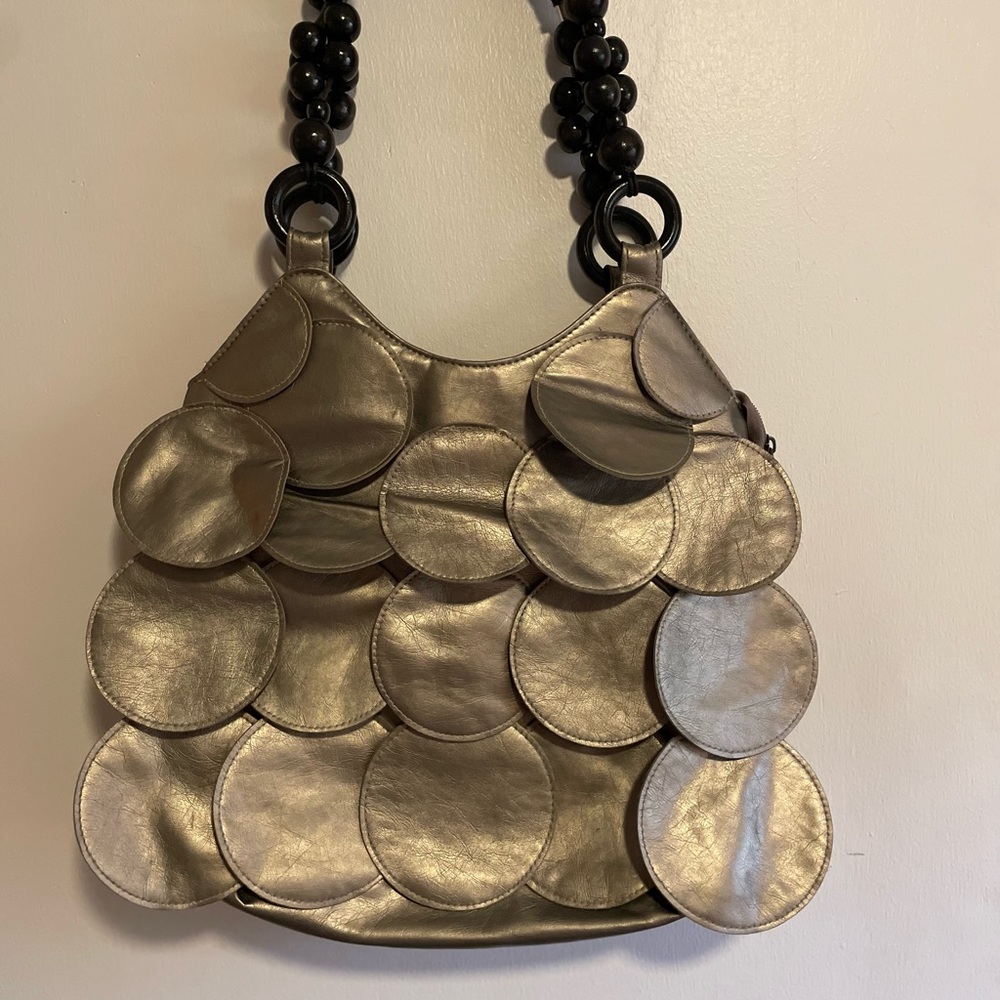 Bueno Petal “Leather” Satchel Handbag Beaded Straps